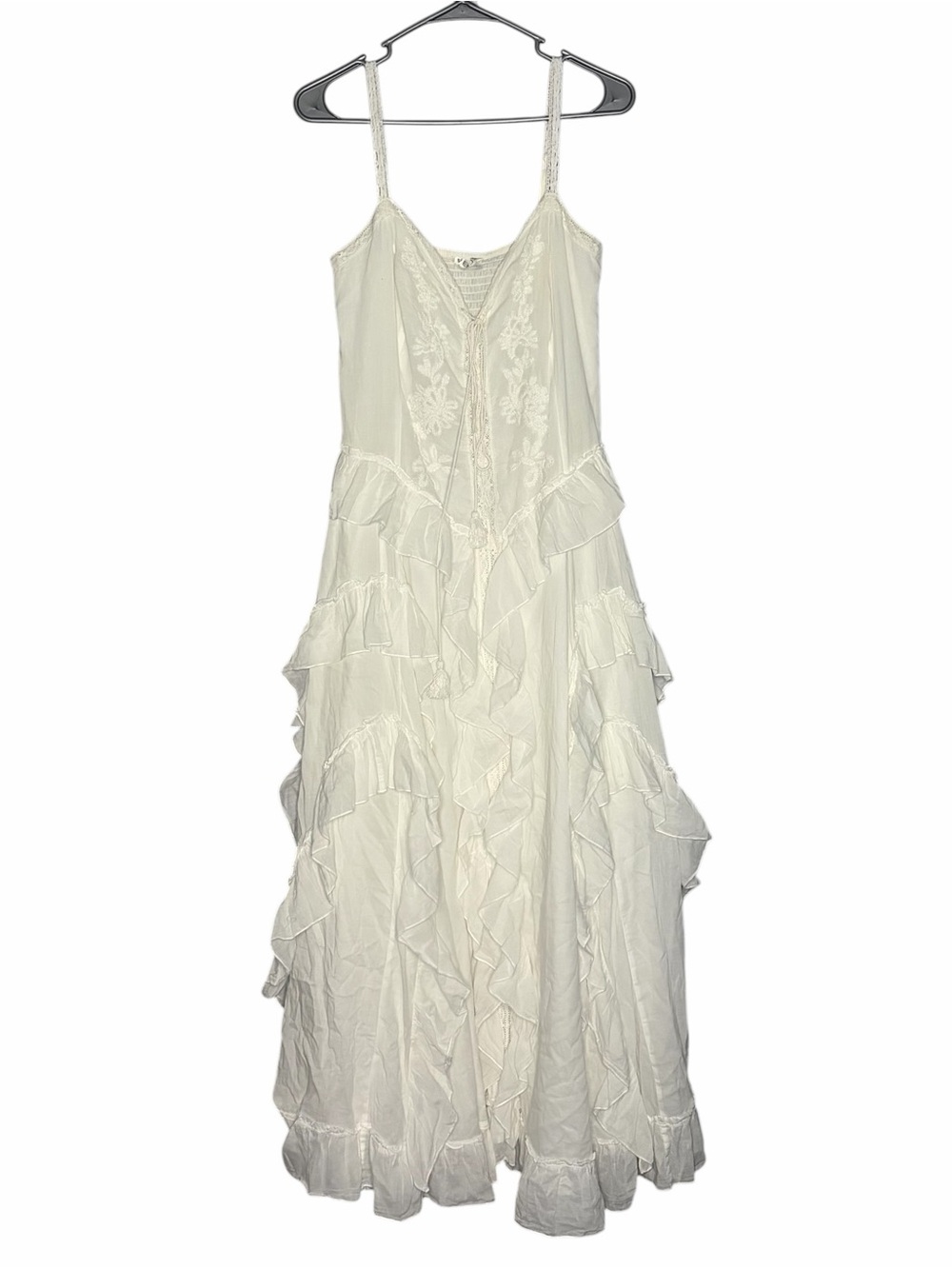 White Ruffled Maxi Dress with Lace Trim Venus Small